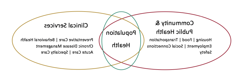 Venn diagram that shows population health at the intersection between community and public health and clinical services 